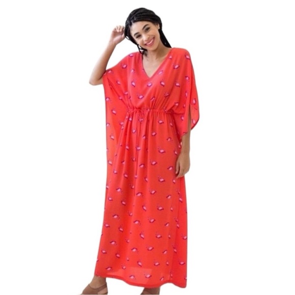 Coral Mirage Floral Long Kaftan Dress - Red & Multicolor